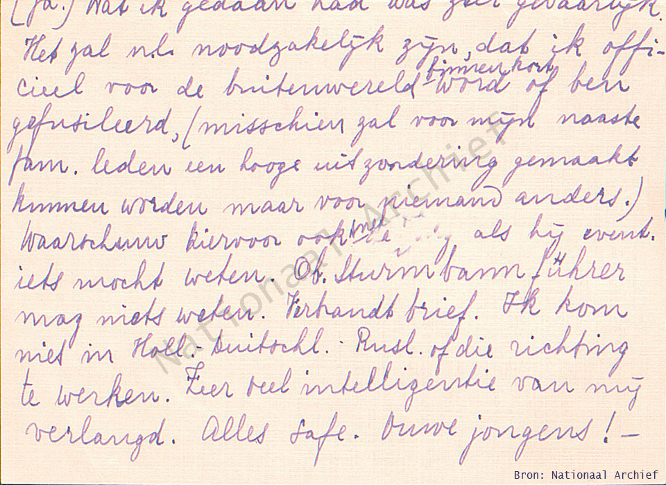 Uit Spionageschool Zorgvliet gesmokkeld briefje van de leerling Pieter Hulsman.
